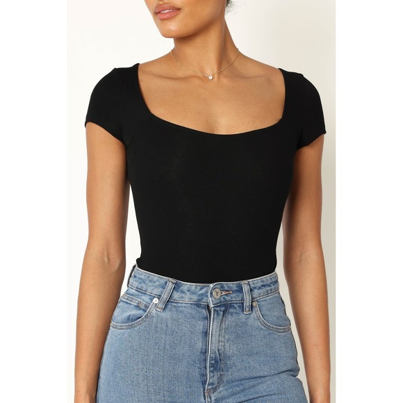 Petal & Pup Tops - PETAL + PUP Natalie Bodysuit Size Large Black Square Neck Short Sleeve Thong